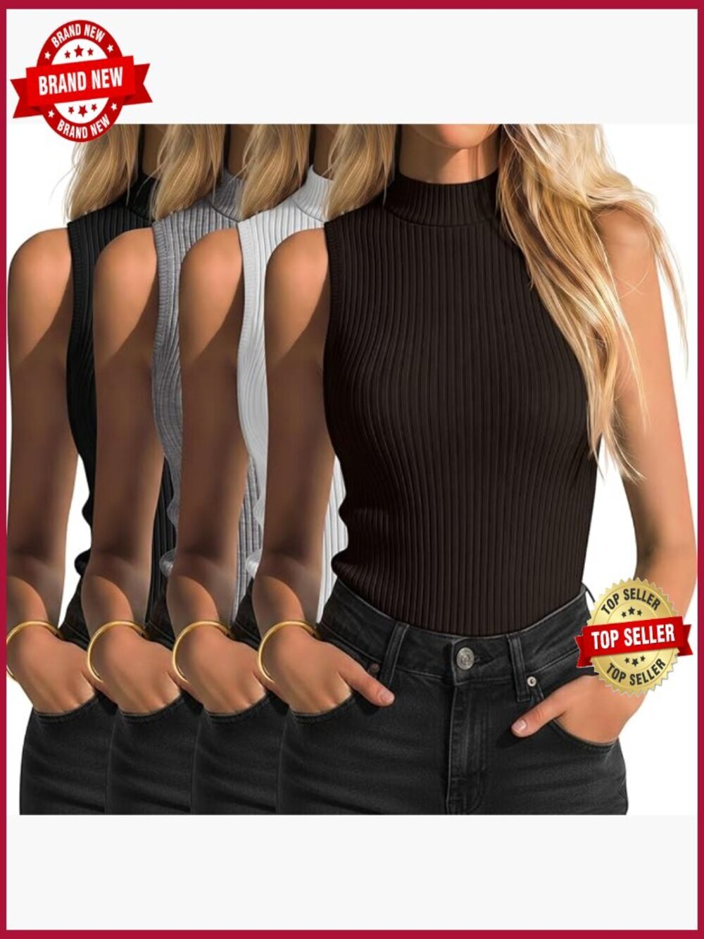 4 Pack Sleeveless Mock Turtleneck Ribbed Knit Tank Tops Slim Fit Basic Tees